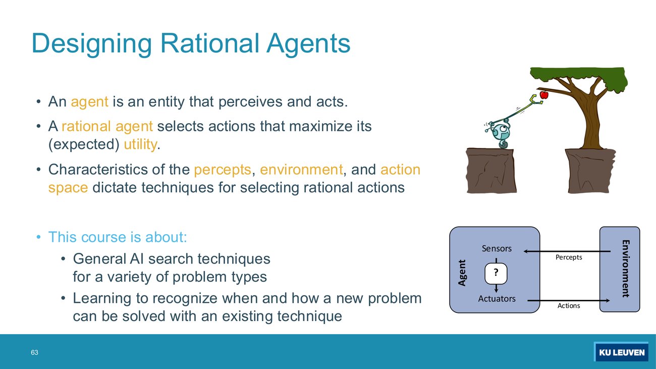 Designing Rational Agents slide: bullets on the left, a cartoon of a robot reaching for an apple across a ravine at top right, and the agent-environment loop diagram at bottom right with Sensors, a question-mark box, Actuators, Percepts and Actions.