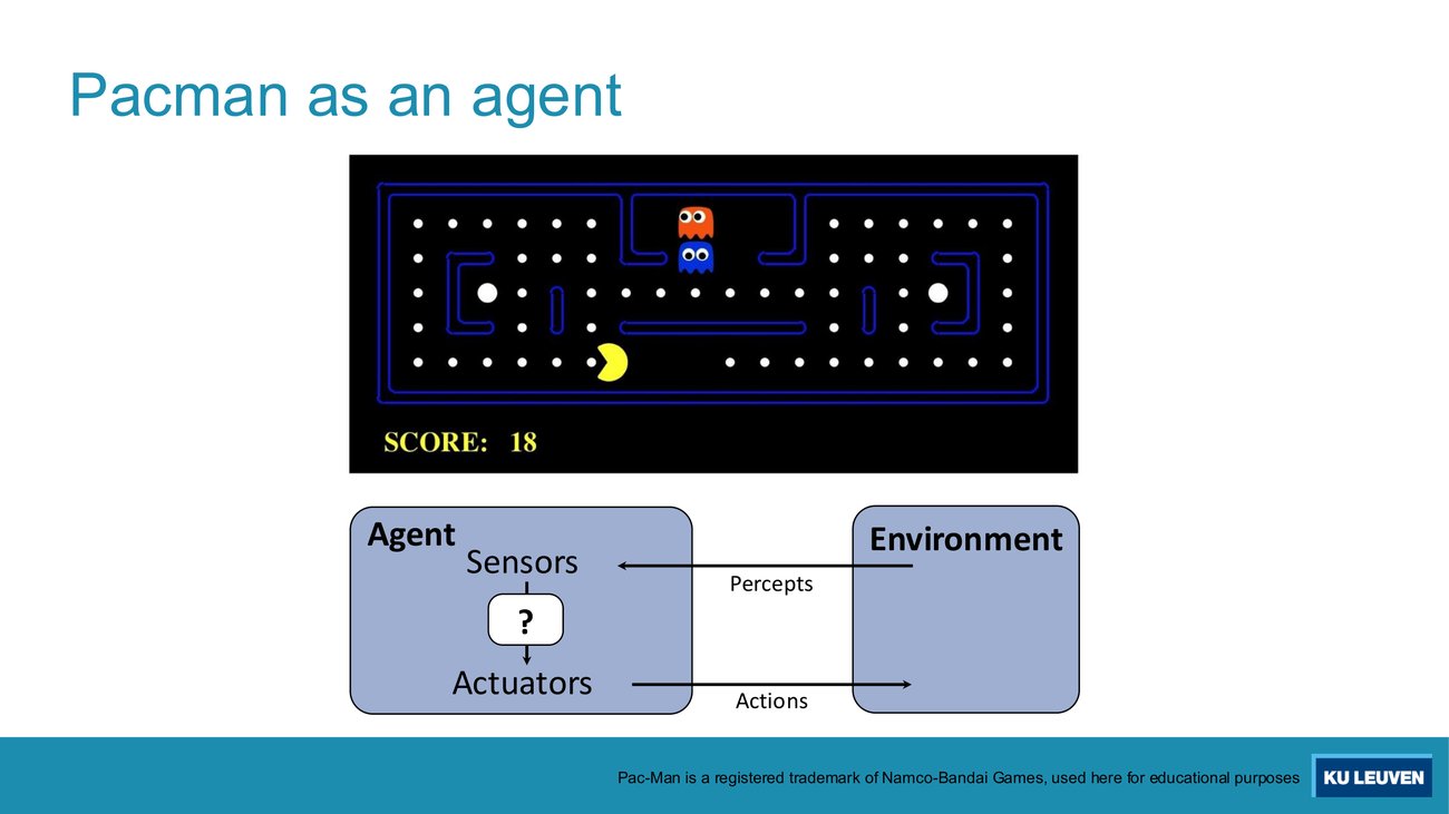 Pacman as an agent: a Pacman maze screenshot with two ghosts, pellets and a score of 18, above the same agent-environment loop diagram.