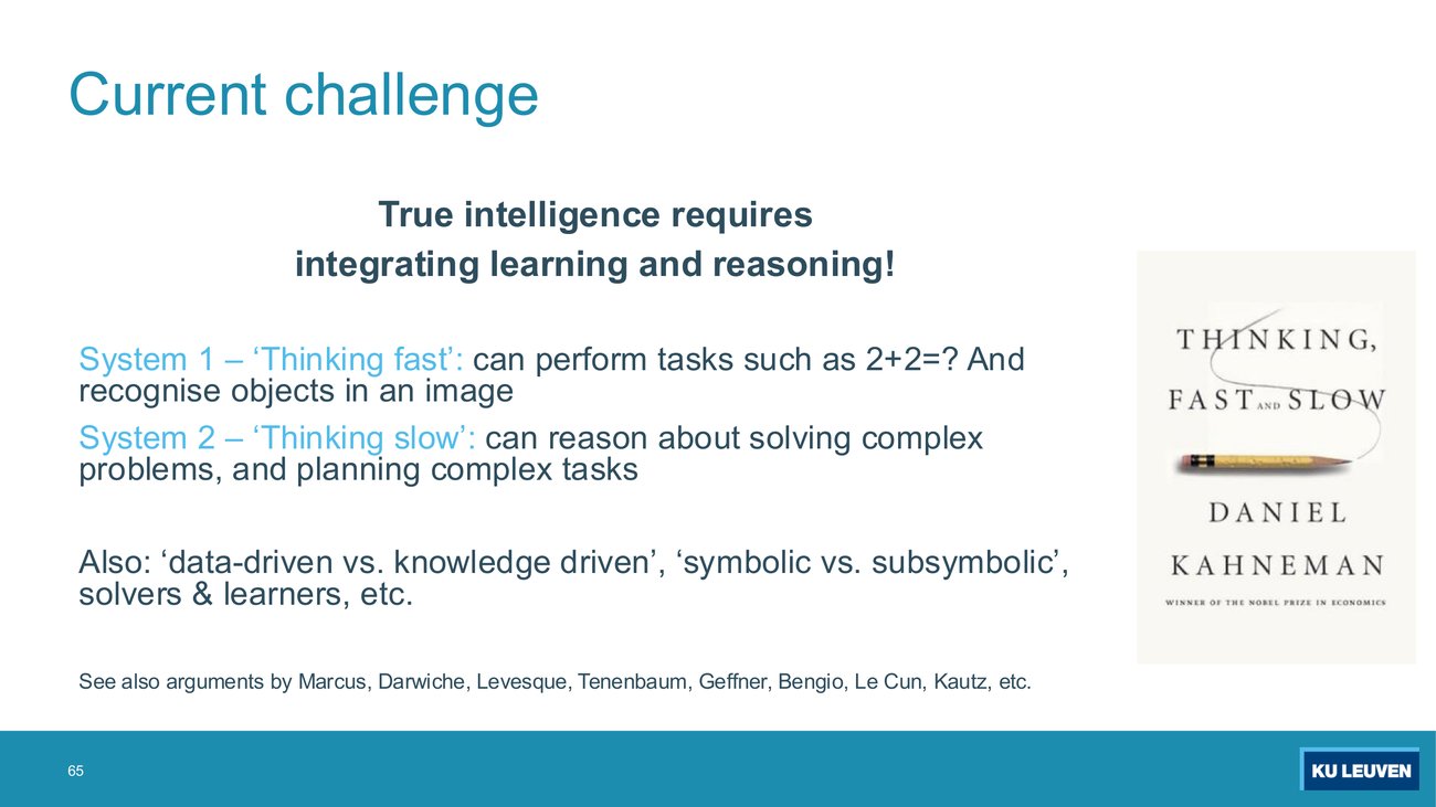 Current challenge slide: True intelligence requires integrating learning and reasoning, with System 1 thinking fast and System 2 thinking slow described, and the cover of Kahneman's Thinking, Fast and Slow.