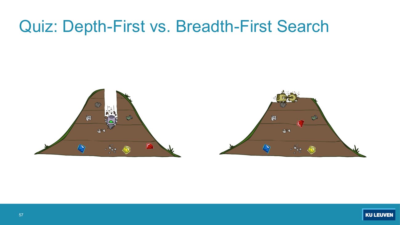 Cartoon: one robot digs a narrow vertical shaft into a hill, another shaves off the top layer