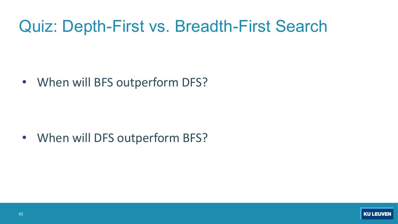 Slide with two questions: when will BFS outperform DFS, when will DFS outperform BFS