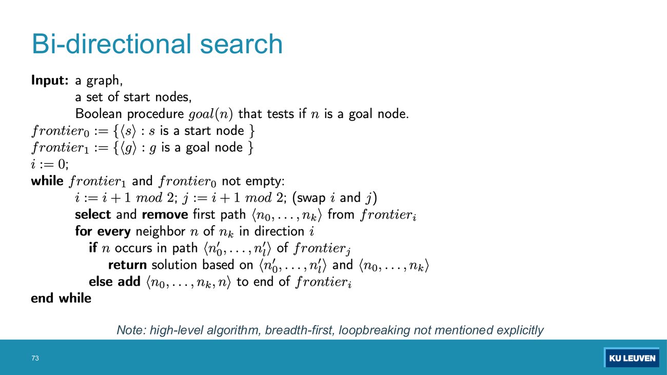Slide: bidirectional search pseudocode with frontier_0 and frontier_1 and an alternating index