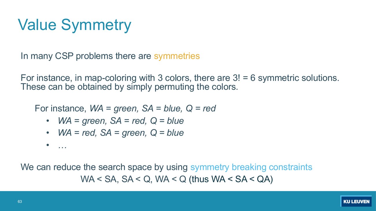 Value symmetry slide with three example permuted assignments and the symmetry-breaking ordering constraints at the bottom