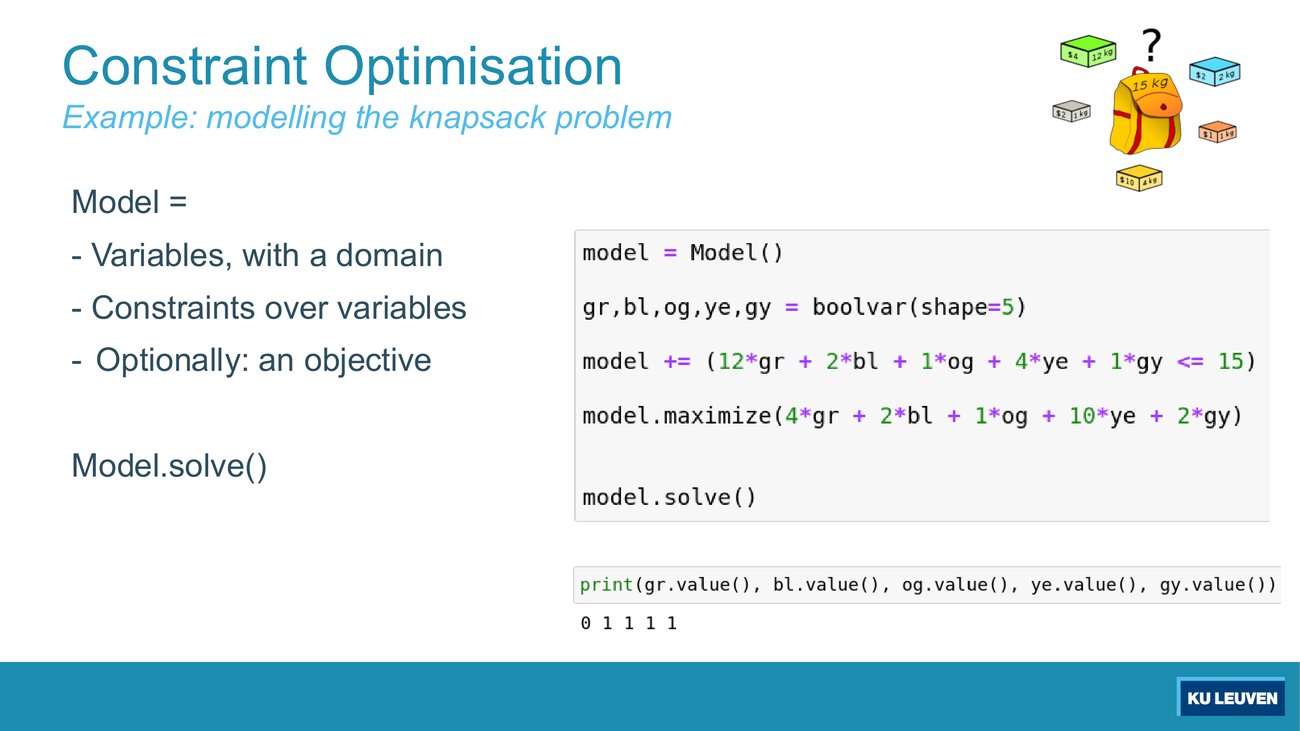 Knapsack slide with CPMpy code creating boolean variables, adding a weight constraint, maximising, solving, and printing 0 1 1 1 1