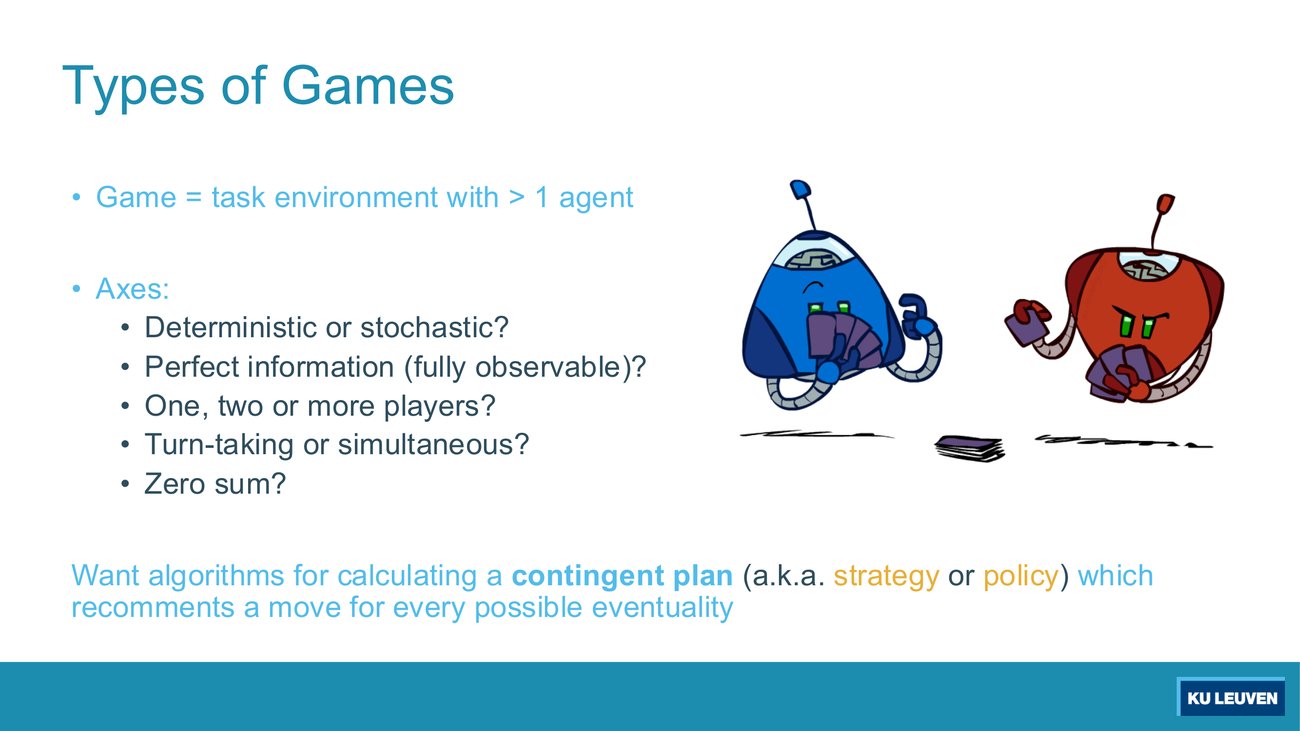 Slide listing the five classification axes for games, with two cartoon robots holding playing cards