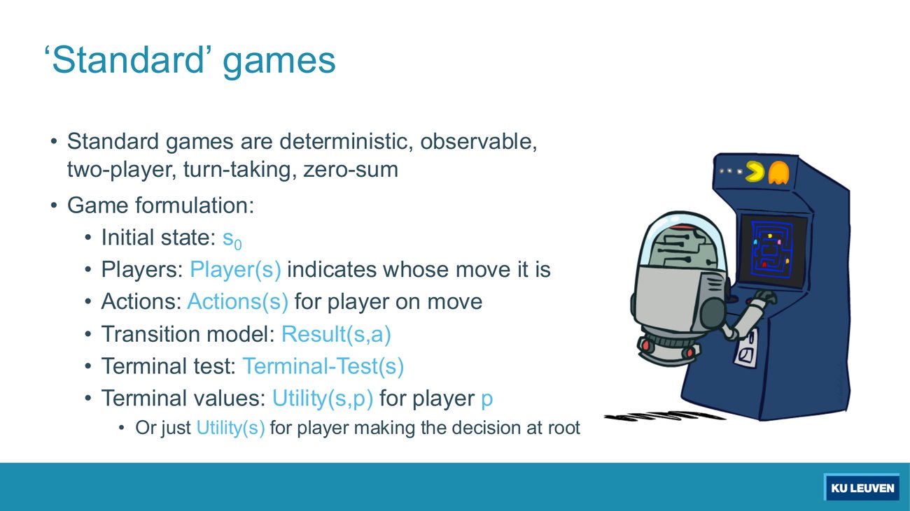 Slide listing the standard game assumptions and the six-part game formulation