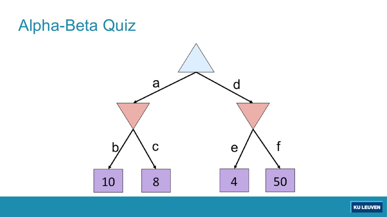 Small tree: MAX root with arcs a and d to two MIN nodes; left MIN has arcs b and c to leaves 10 and 8; right MIN has arcs e and f to leaves 4 and 50