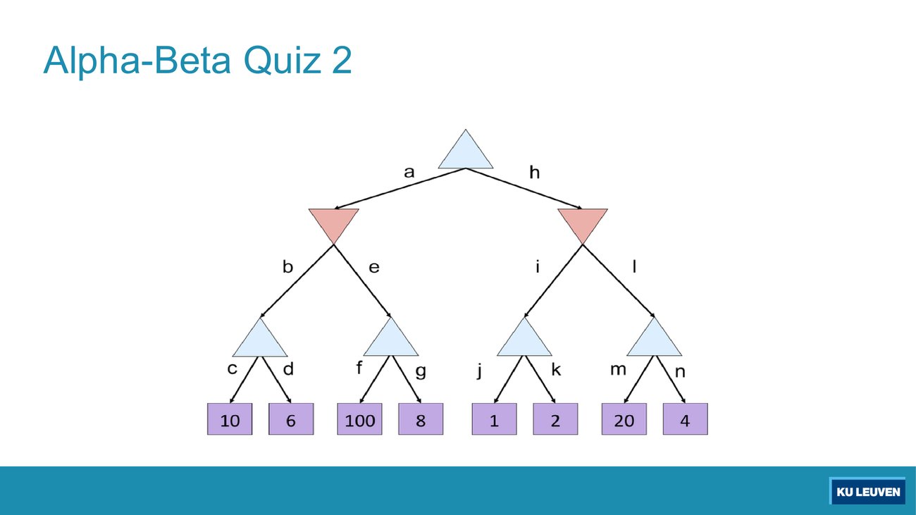 Four-level tree: MAX root, two MIN nodes, four MAX nodes, eight leaves 10 6 100 8 1 2 20 4, arcs labelled a to n