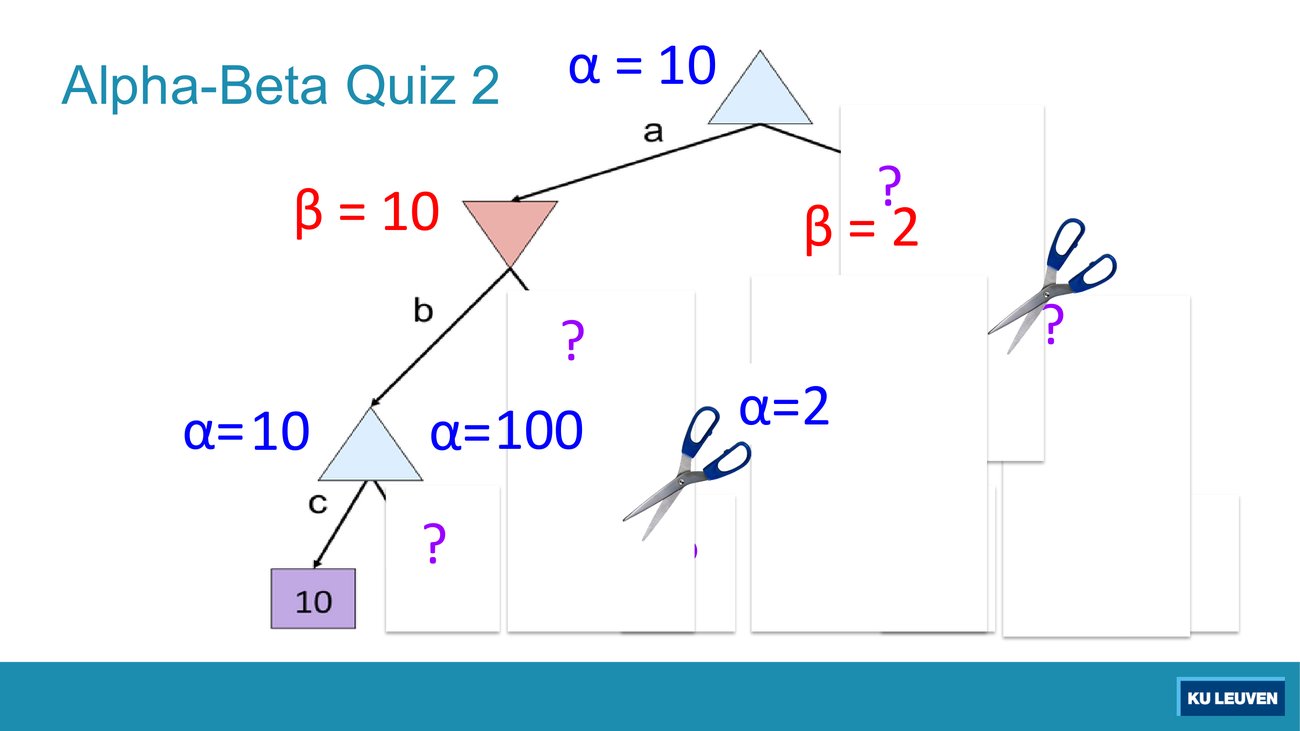 The quiz 2 tree partially revealed with alpha = 10 at the root, beta = 10 at the left MIN, alpha = 10 and alpha = 100 at MAX nodes, beta = 2 at the right MIN, and scissors on two arcs