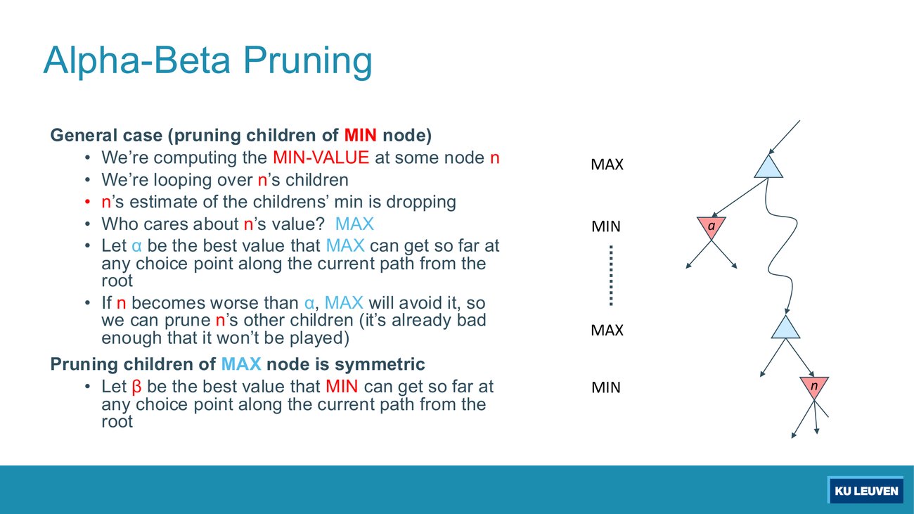 Slide with the general pruning argument in bullets and a schematic path from a MAX root down through a MIN node labelled alpha to a deeper MIN node labelled n