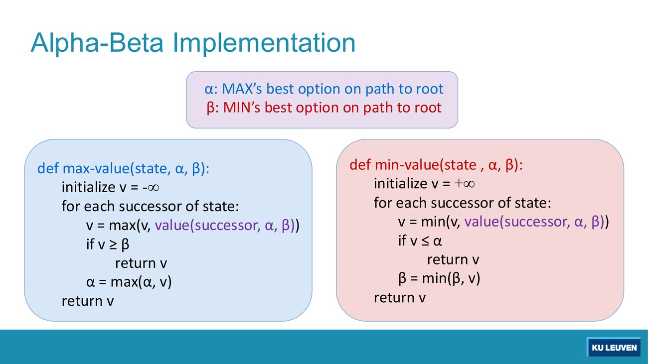Slide with the max-value and min-value pseudocode side by side, and the definitions of alpha and beta at the top