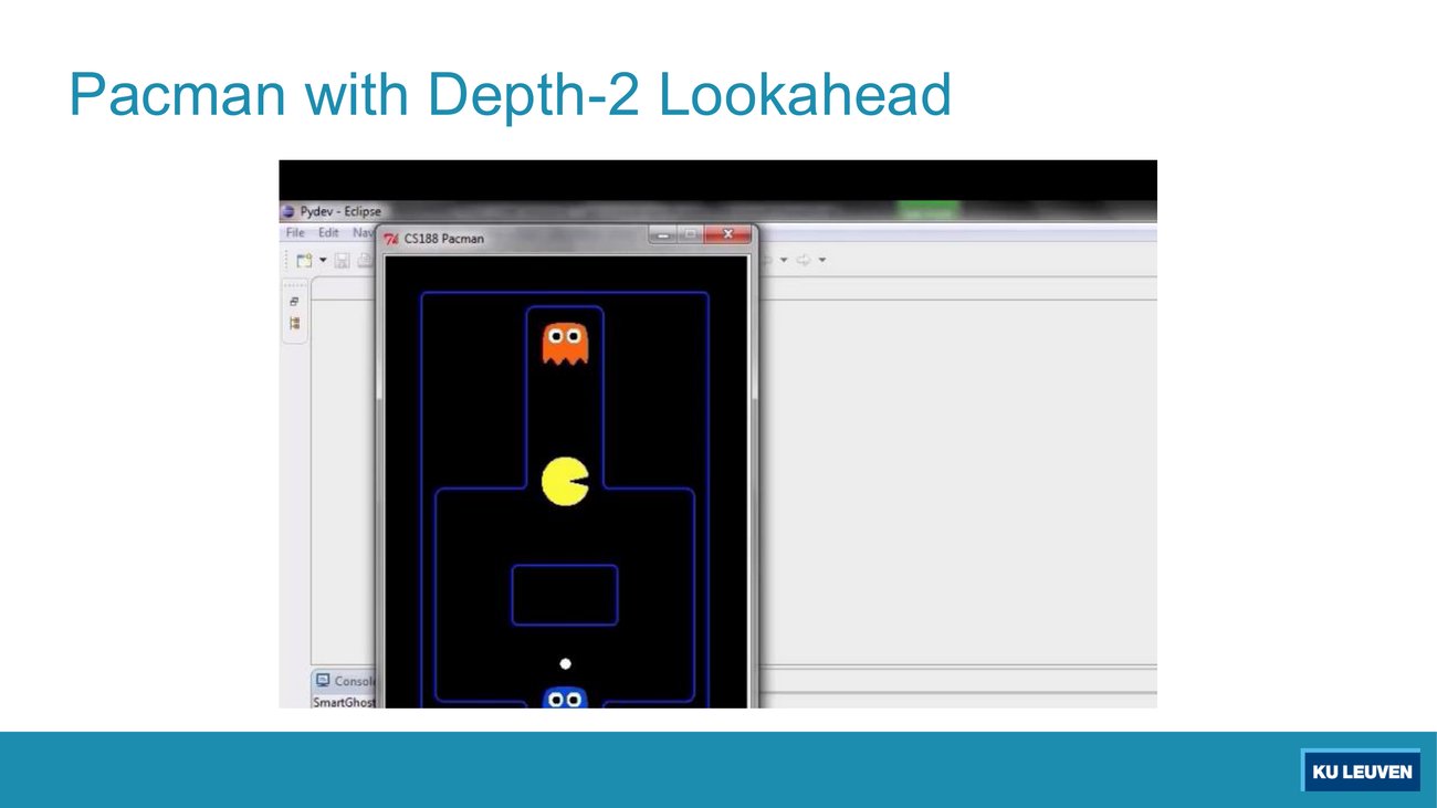 Screen recording of the CS188 Pacman window, Pacman in a corridor with an orange ghost above and a blue ghost below