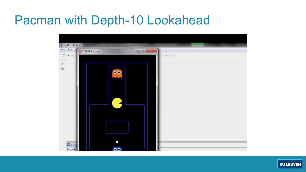 The same recording titled depth-10 lookahead, printed at the same opening frame: Pacman in the corridor, orange ghost above, blue ghost below, one pellet