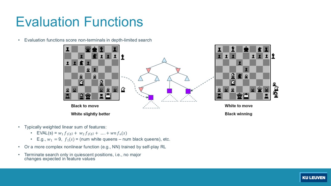 Slide with two chess positions either side of a small game tree, the weighted linear sum formula for EVAL, and the quiescence bullet