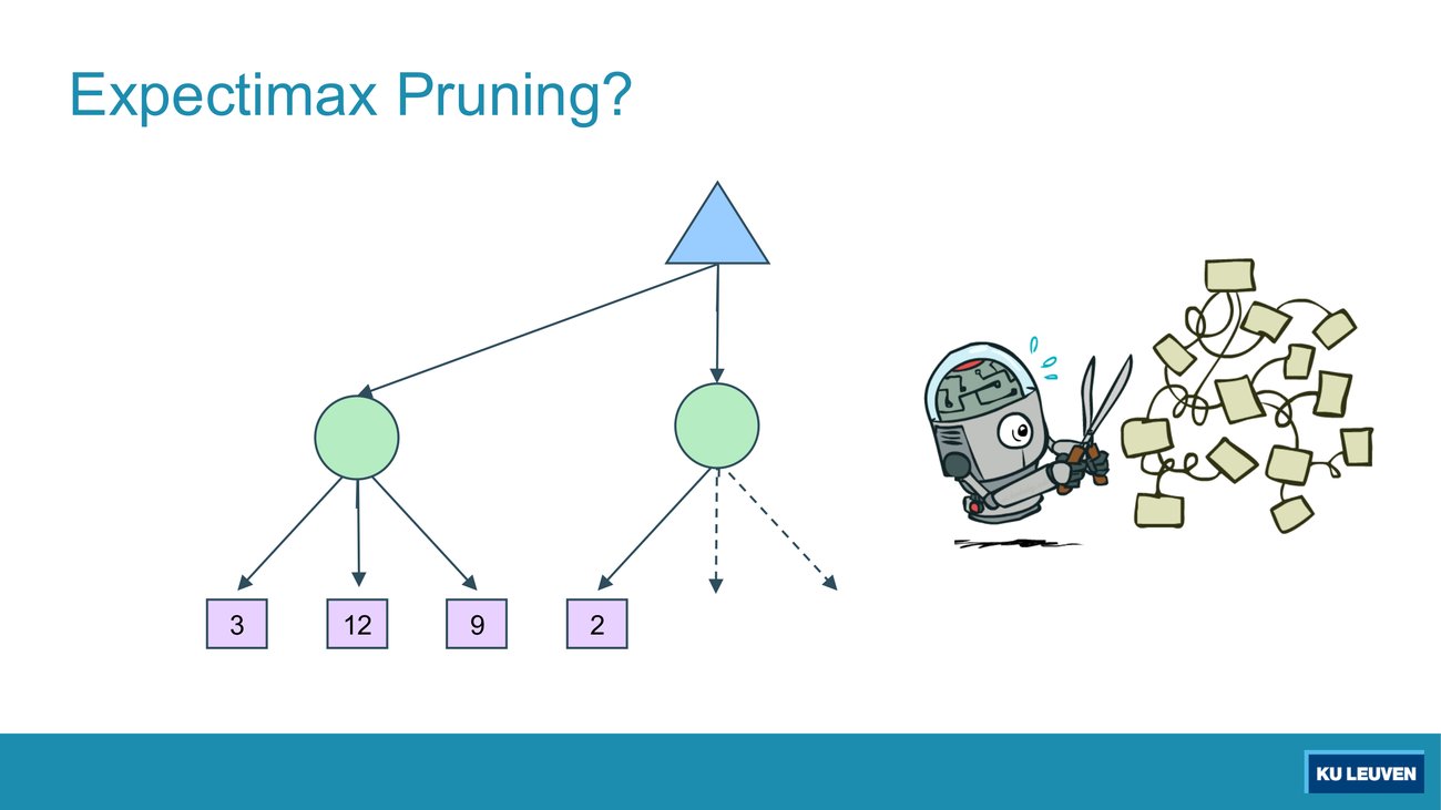 A max root over two chance nodes: the left with leaves 3, 12, 9; the right with one known leaf 2 and two dashed unexplored arcs, beside a cartoon robot with scissors