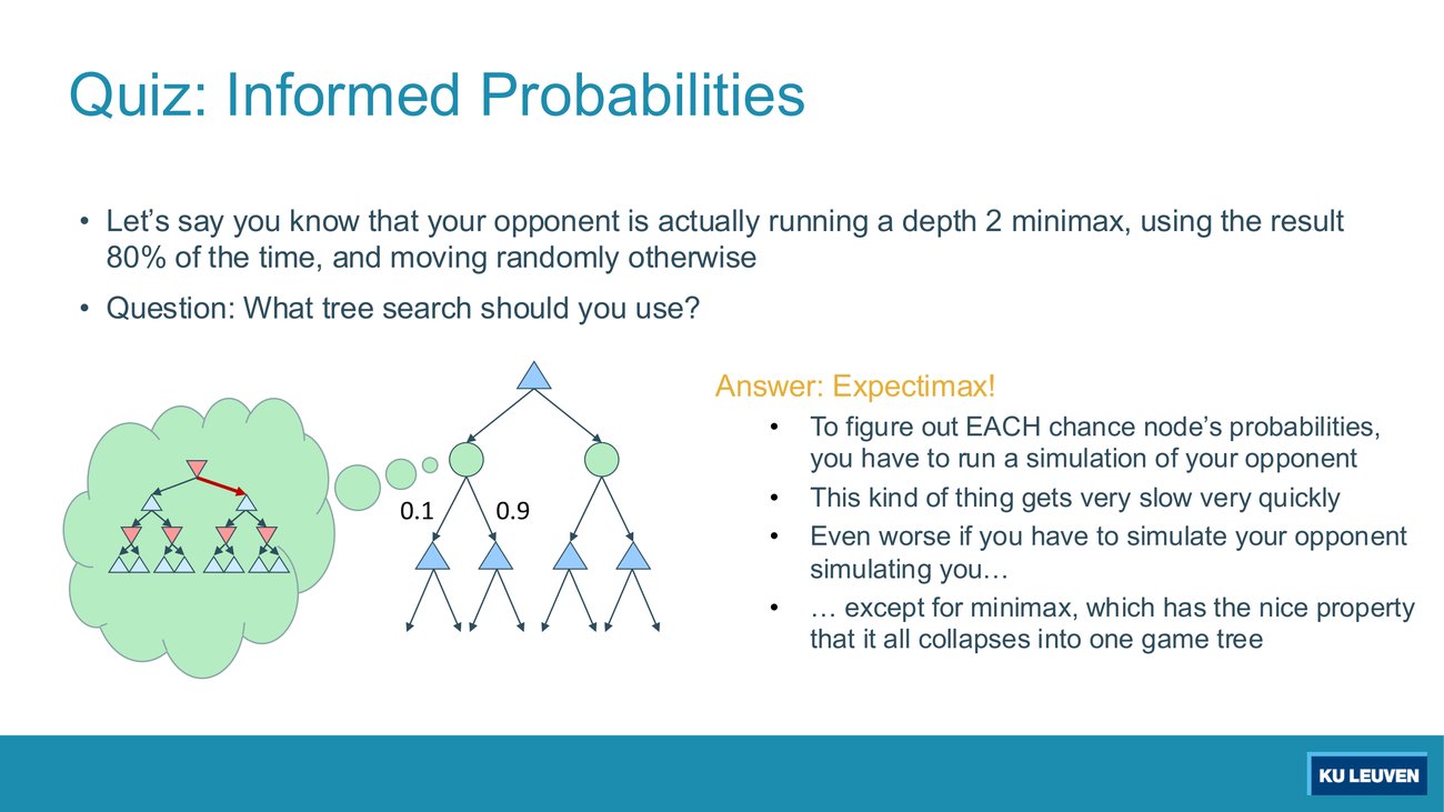 Quiz slide: an opponent running depth-2 minimax 80 percent of the time, a thought bubble containing a whole minimax tree, and a chance node with arcs 0.1 and 0.9