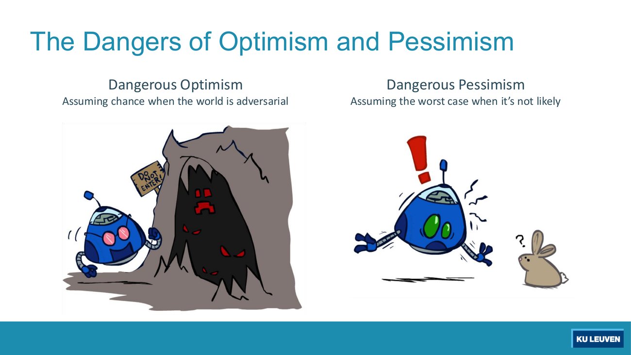 Two cartoons: a robot walking into a dark cave past a Do Not Enter sign, and a startled robot fleeing from a rabbit