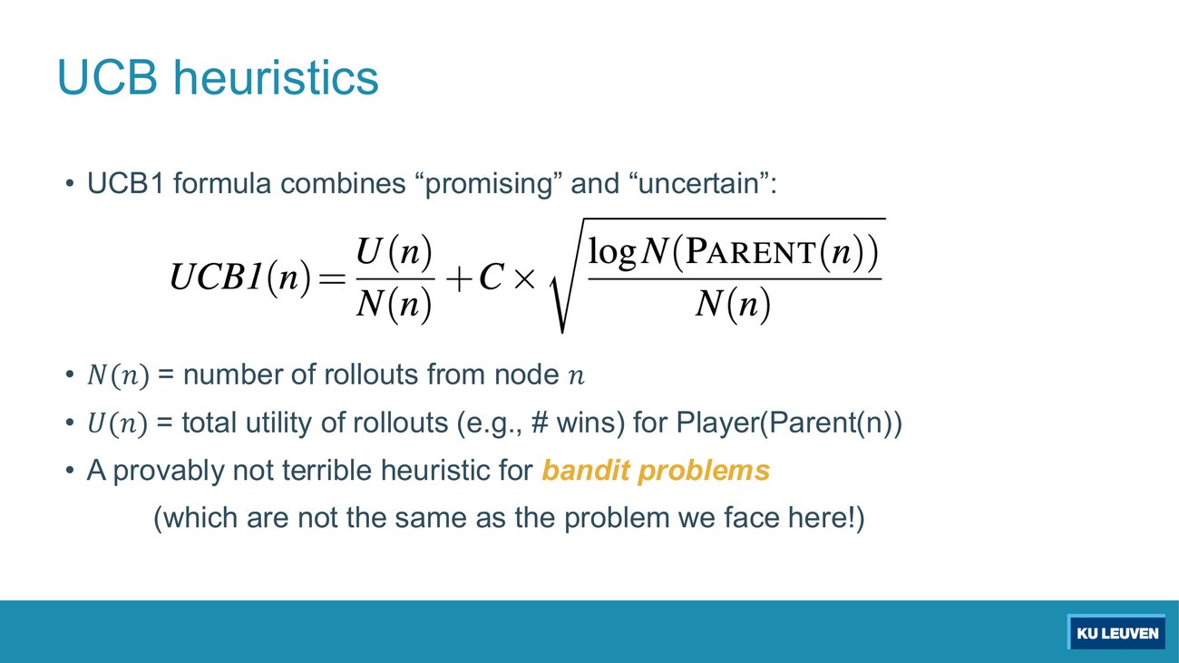 Slide showing the UCB1 formula as U(n)/N(n) plus C times the square root of log N of parent of n over N of n, with the definitions of N and U beneath