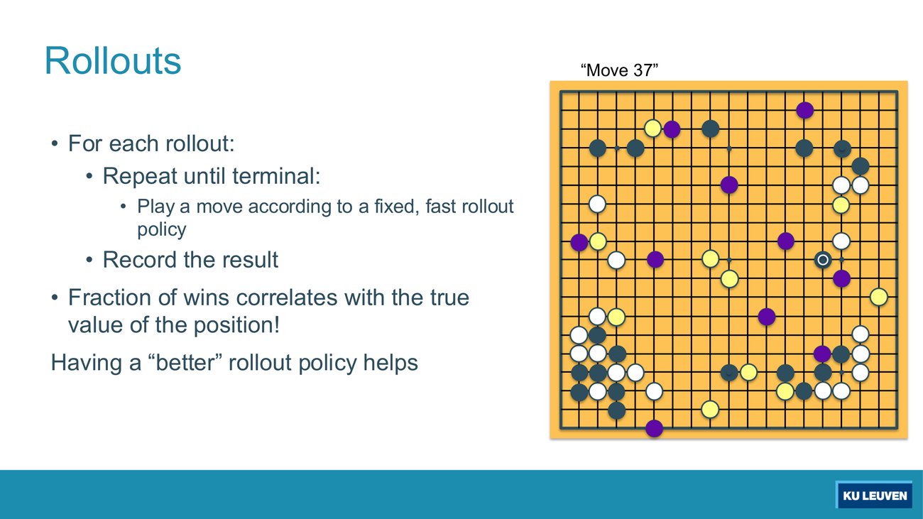 Rollouts slide: bullet list of the rollout loop beside a Go board position labelled Move 37