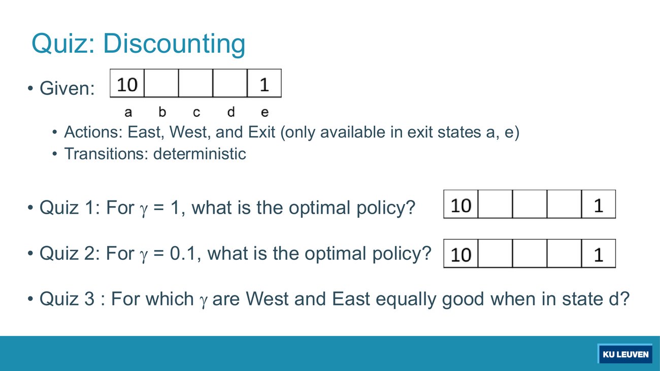 Slide showing a five-cell corridor with 10 on the left and 1 on the right, cells labelled a to e, and three quiz questions about gamma