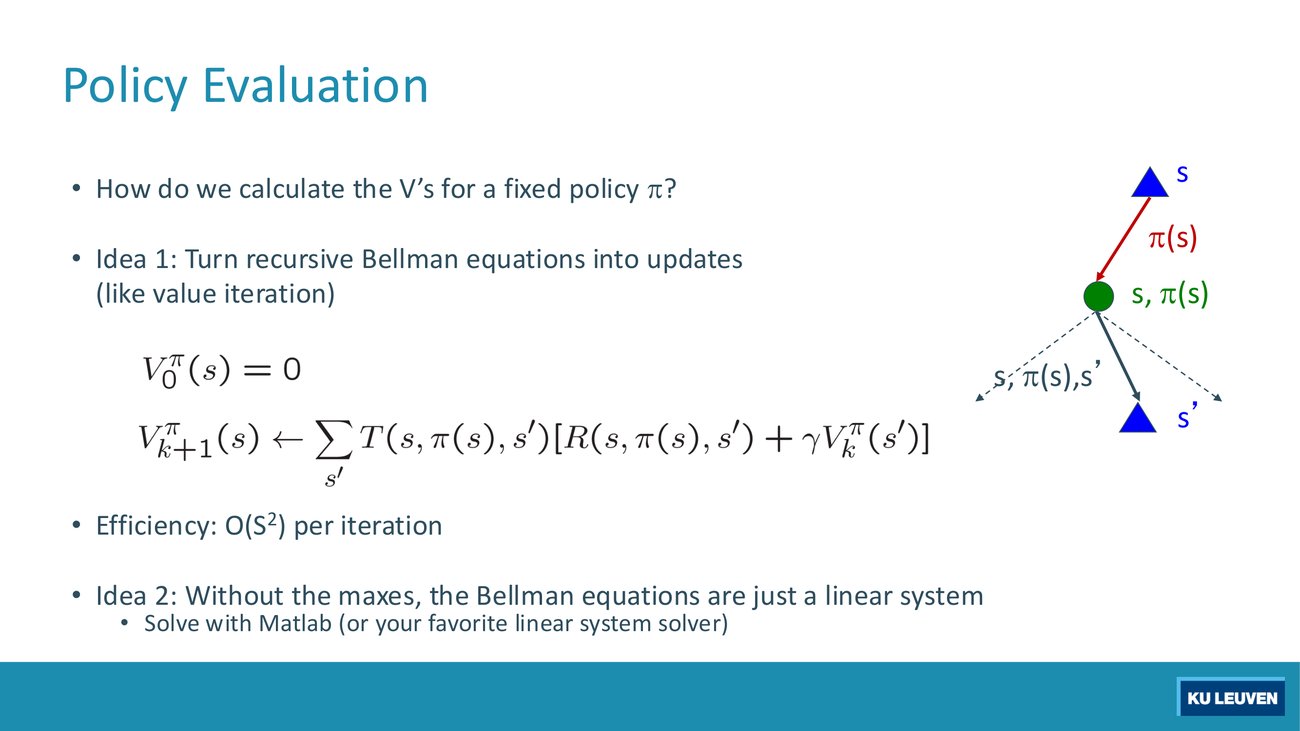 Policy evaluation slide with the initialisation V-pi-zero = 0 and the update rule with no max, plus the note about the linear system