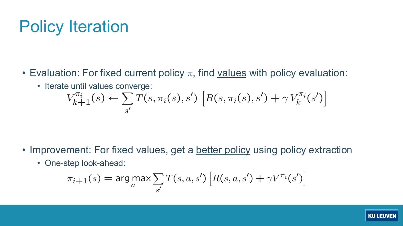 Policy iteration slide with the evaluation update indexed by k and the improvement argmax indexed by i