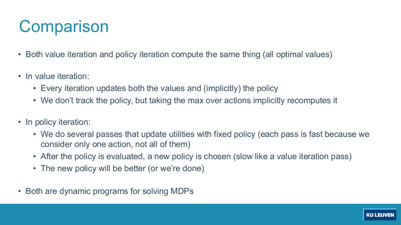Comparison slide listing how value iteration and policy iteration each handle values and policies, ending with both are dynamic programs