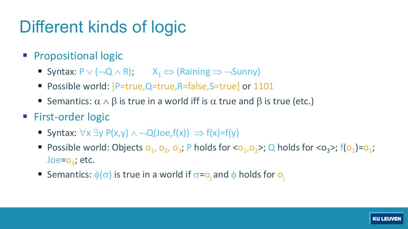 Slide comparing propositional logic and first-order logic on three rows: syntax, possible world, semantics