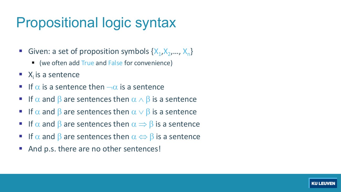Slide listing the formation rules of propositional logic syntax, ending with the line that there are no other sentences