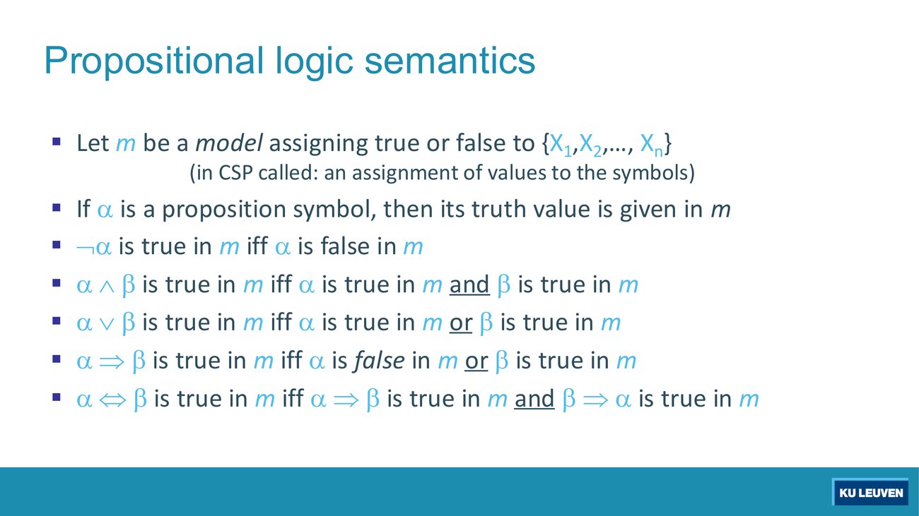 Slide giving the truth conditions of the five connectives relative to a model m, with and and or underlined
