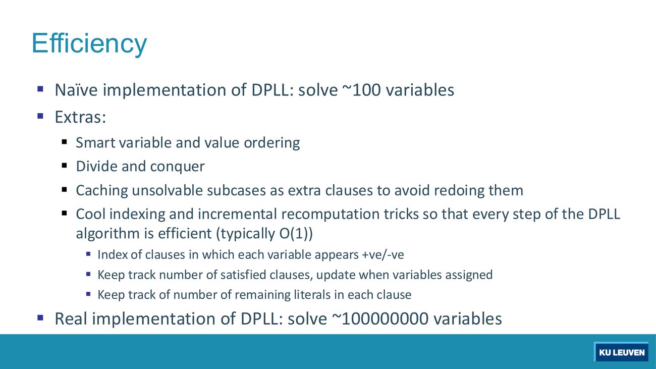 Efficiency slide contrasting a naive DPLL at about 100 variables with a real implementation at about 100 million, listing the tricks in between