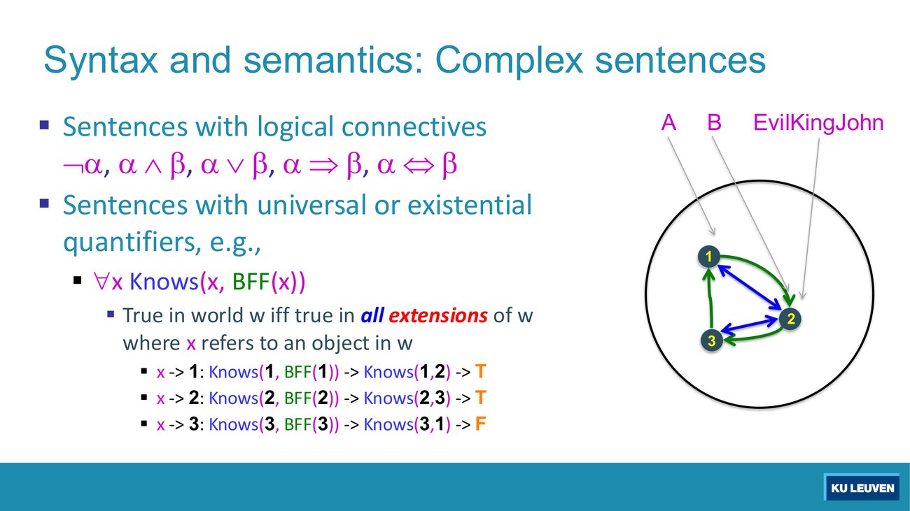 Complex sentences slide for the universal quantifier, with the three substitutions of x and their truth values T, T and F