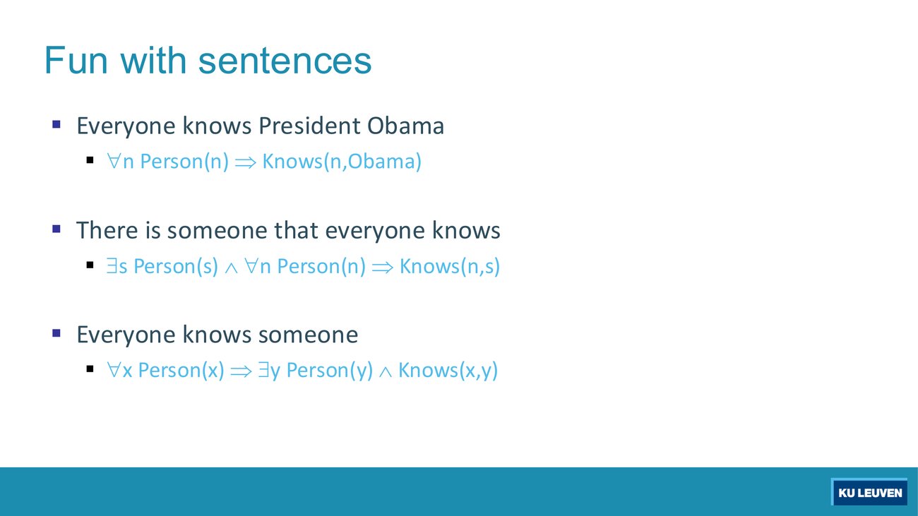 Fun with sentences slide: three English sentences about knowing Obama with their first-order translations