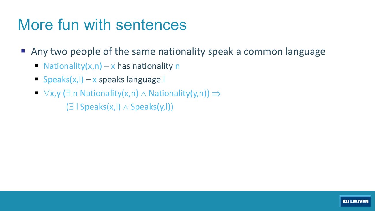 More fun with sentences slide: the nationality and language example with two predicates and a nested existential
