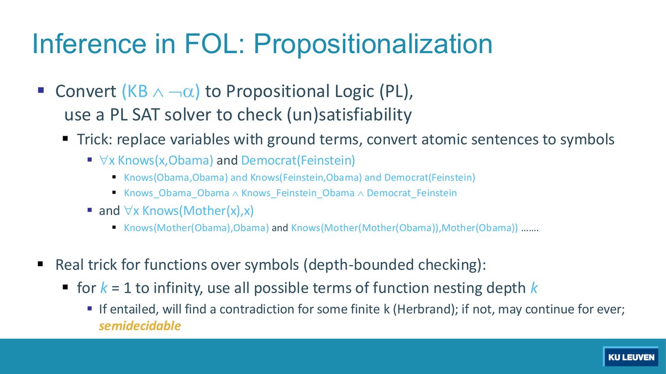 Propositionalization slide: grounding a universally quantified sentence into propositional symbols, then the function-nesting problem and depth-bounded checking