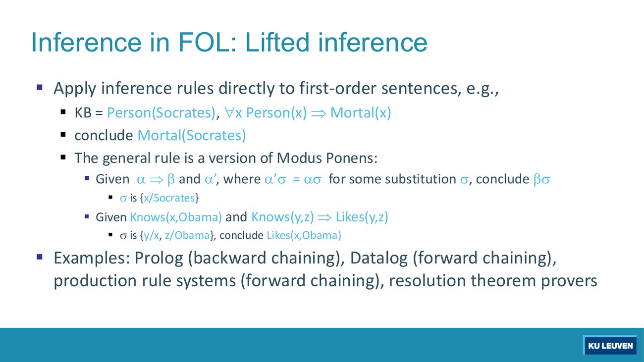 Lifted inference slide: the Socrates example, the general lifted Modus Ponens rule, and a list of systems ending with resolution theorem provers