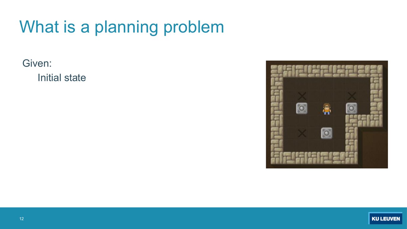 Slide titled What is a planning problem, showing only the word Given: Initial state, beside a Sokoban level with a figure, three crates and three X marks