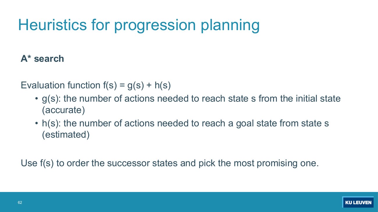 A* search slide: evaluation function f(s) = g(s) + h(s), with g(s) the number of actions needed to reach s from the initial state (accurate) and h(s) the number of actions needed to reach a goal state from s (estimated), and the instruction to use f(s) to order the successor states
