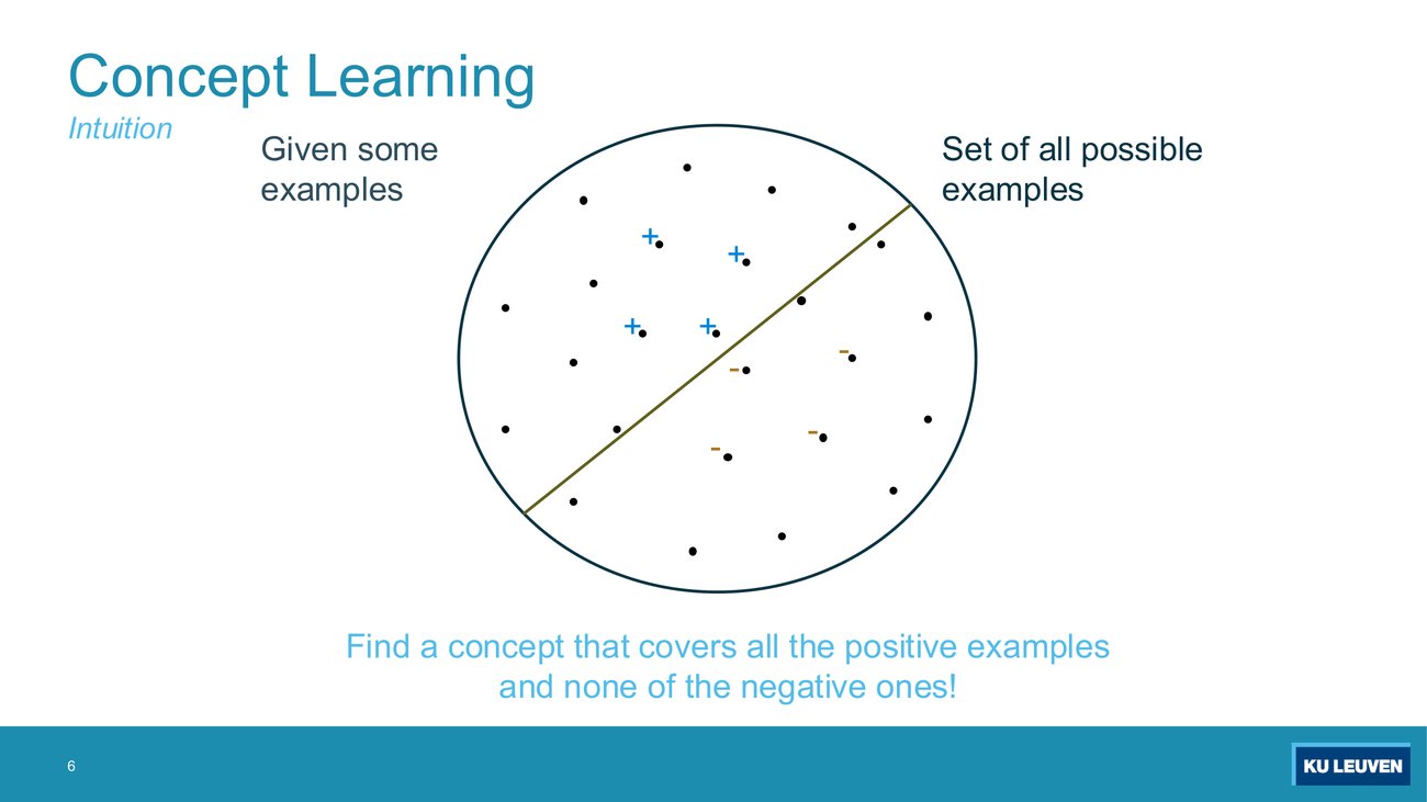 Diagram: a blob of all possible examples with plus and minus signs, and a curve separating them