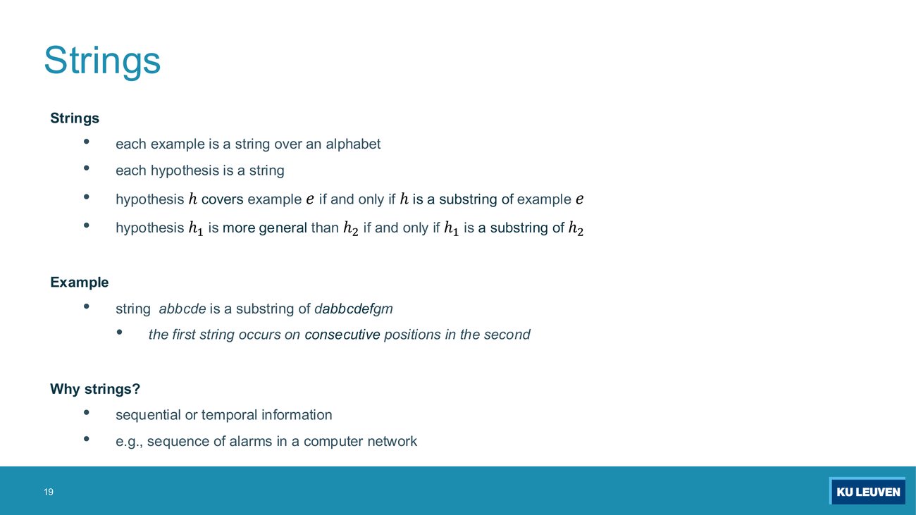 Slide on strings: covers means substring, more general means substring, with the abbcde example