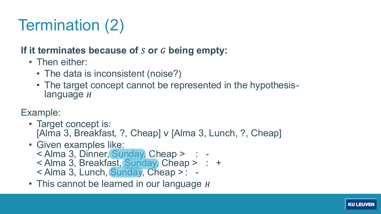 Termination case 2 slide with the disjunctive target concept and three example rows