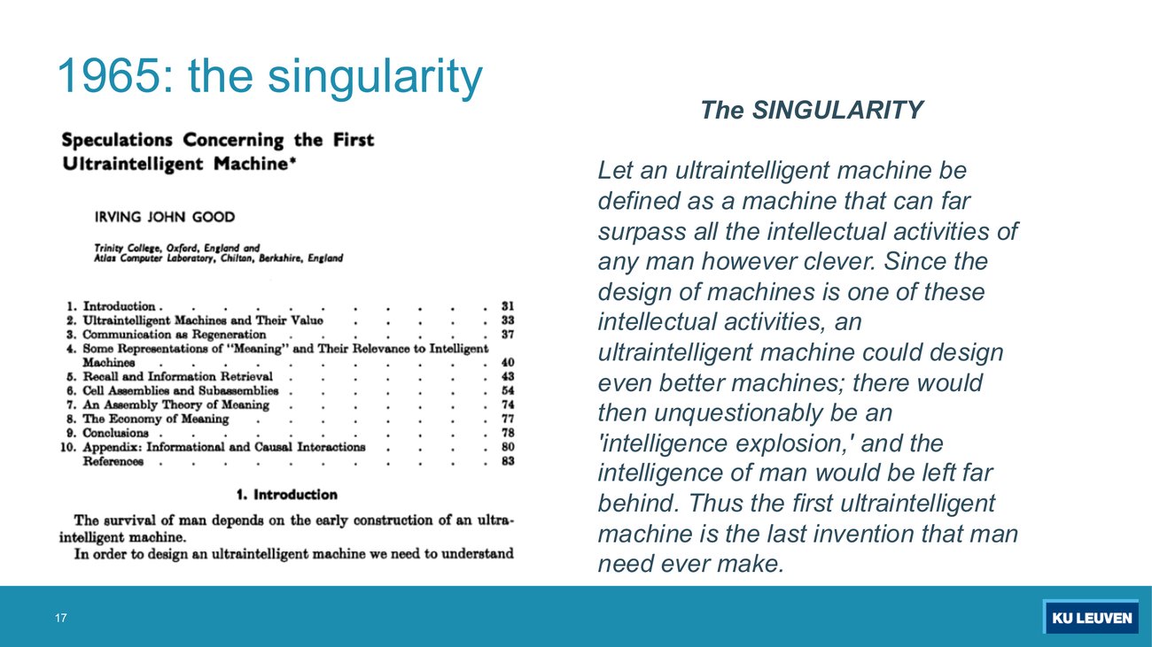 Slide showing the first page of Irving John Good's 1965 paper Speculations Concerning the First Ultraintelligent Machine, with its table of contents, beside the full singularity passage set in italics
