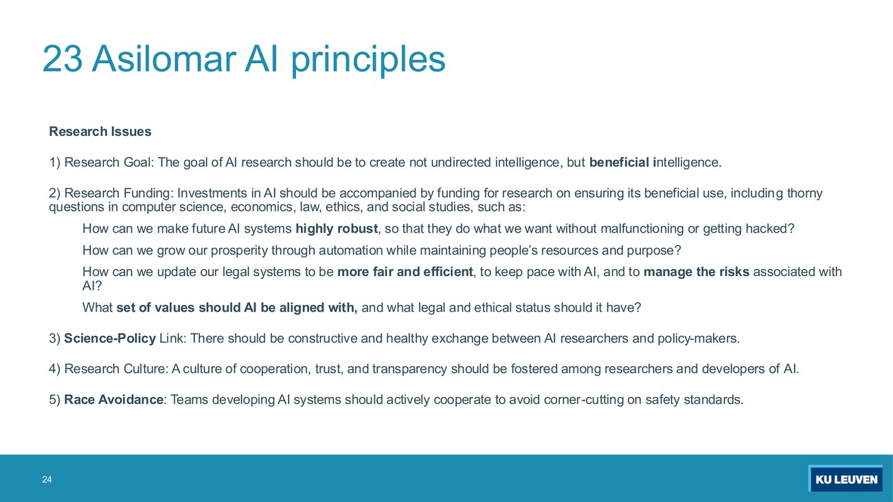 Slide listing Asilomar principles 1 to 5 under the heading Research Issues, with principle 2 on research funding expanded into four questions