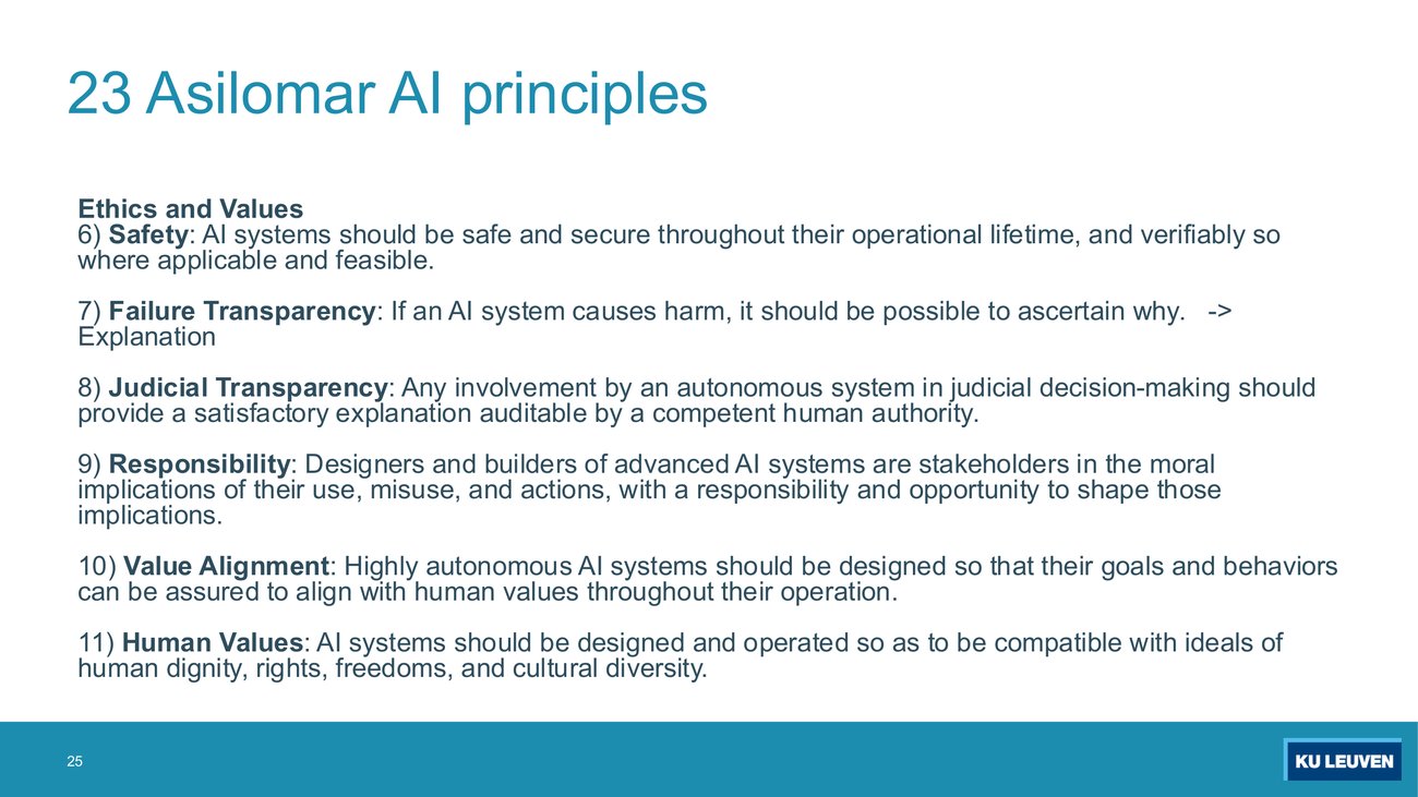 Slide listing Asilomar principles 6 to 11 under Ethics and Values, including Safety, Failure Transparency with an arrow to the word Explanation, Judicial Transparency, Responsibility, Value Alignment and Human Values