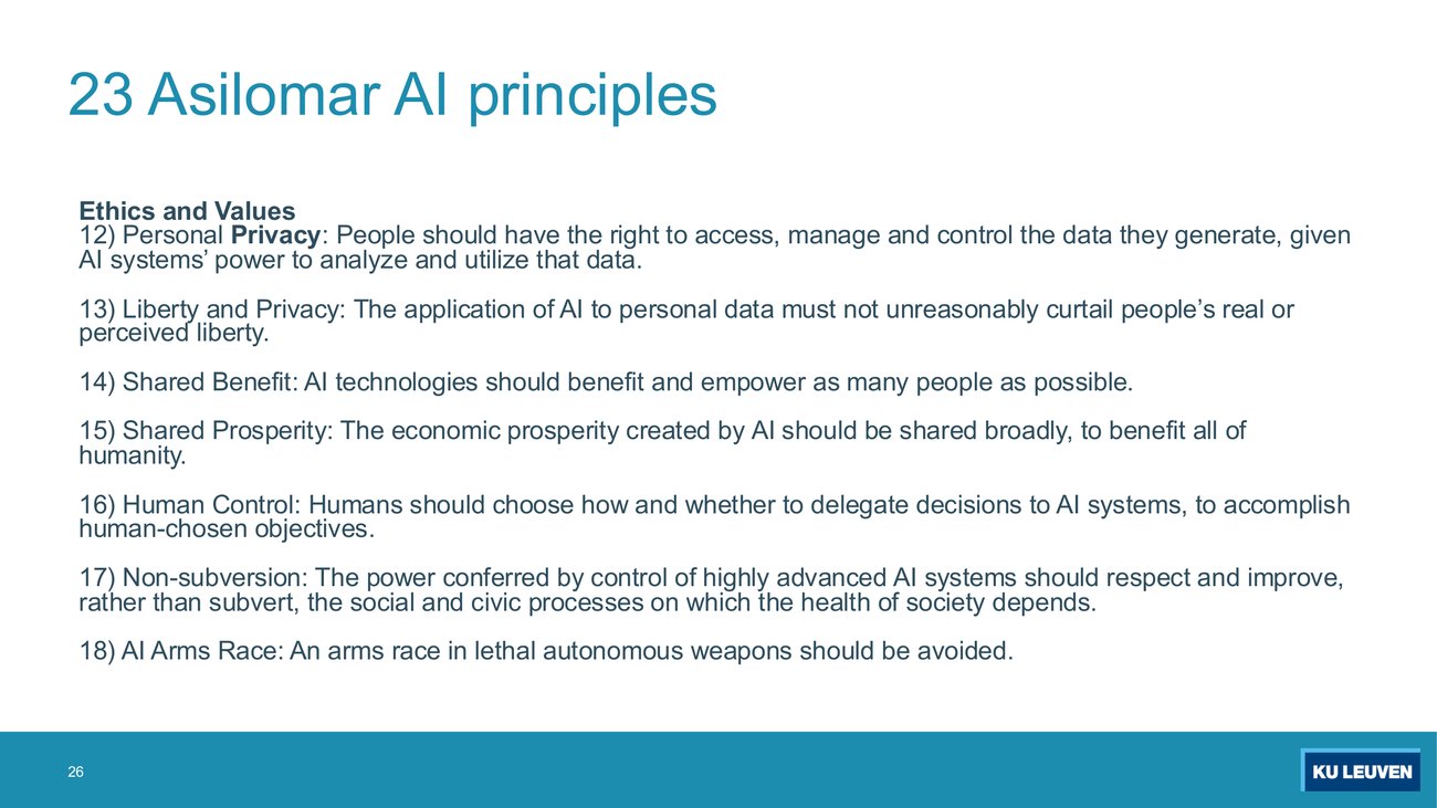Slide listing Asilomar principles 12 to 18 under Ethics and Values, including Personal Privacy, Liberty and Privacy, Shared Benefit, Shared Prosperity, Human Control, Non-subversion and AI Arms Race