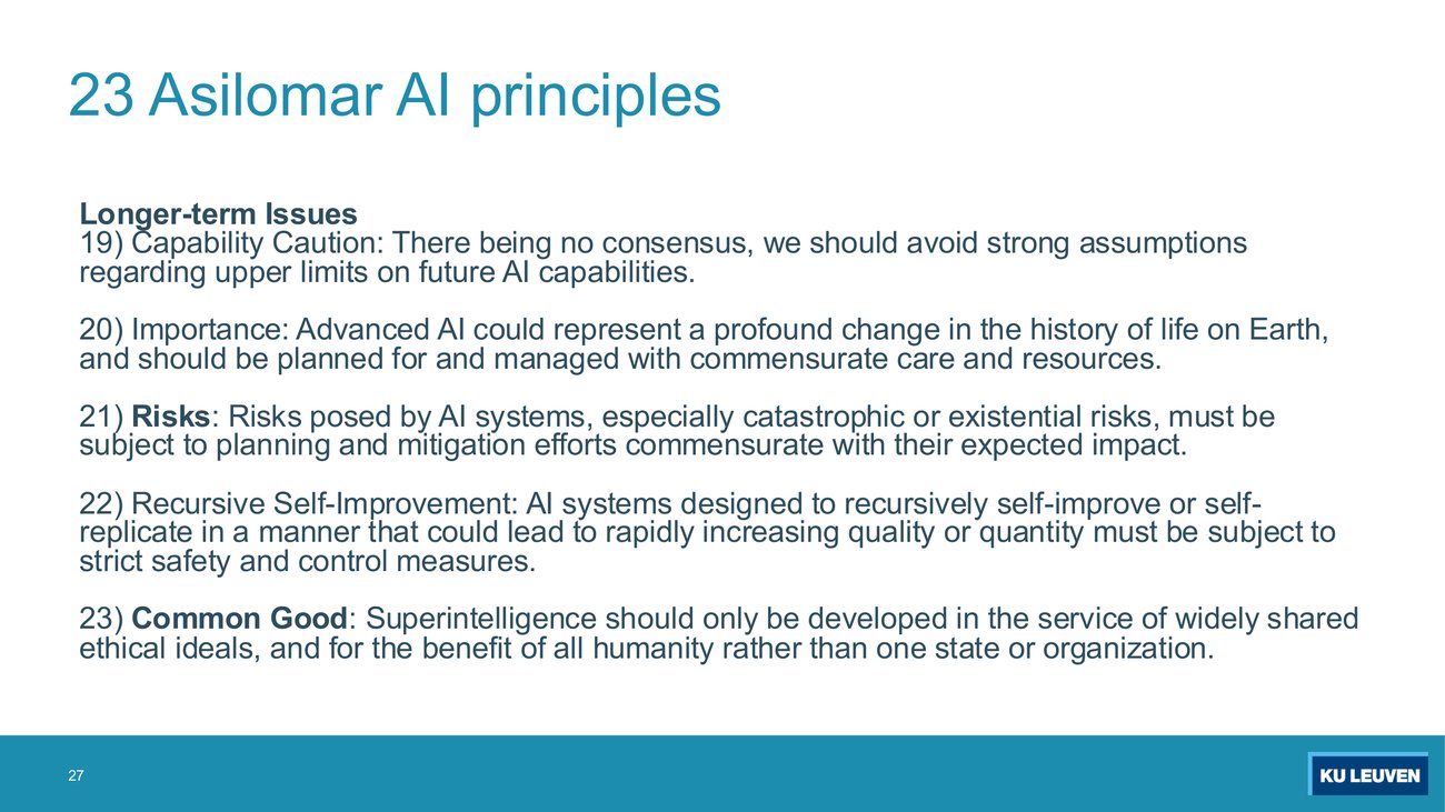 Slide listing Asilomar principles 19 to 23 under Longer-term Issues: Capability Caution, Importance, Risks, Recursive Self-Improvement and Common Good