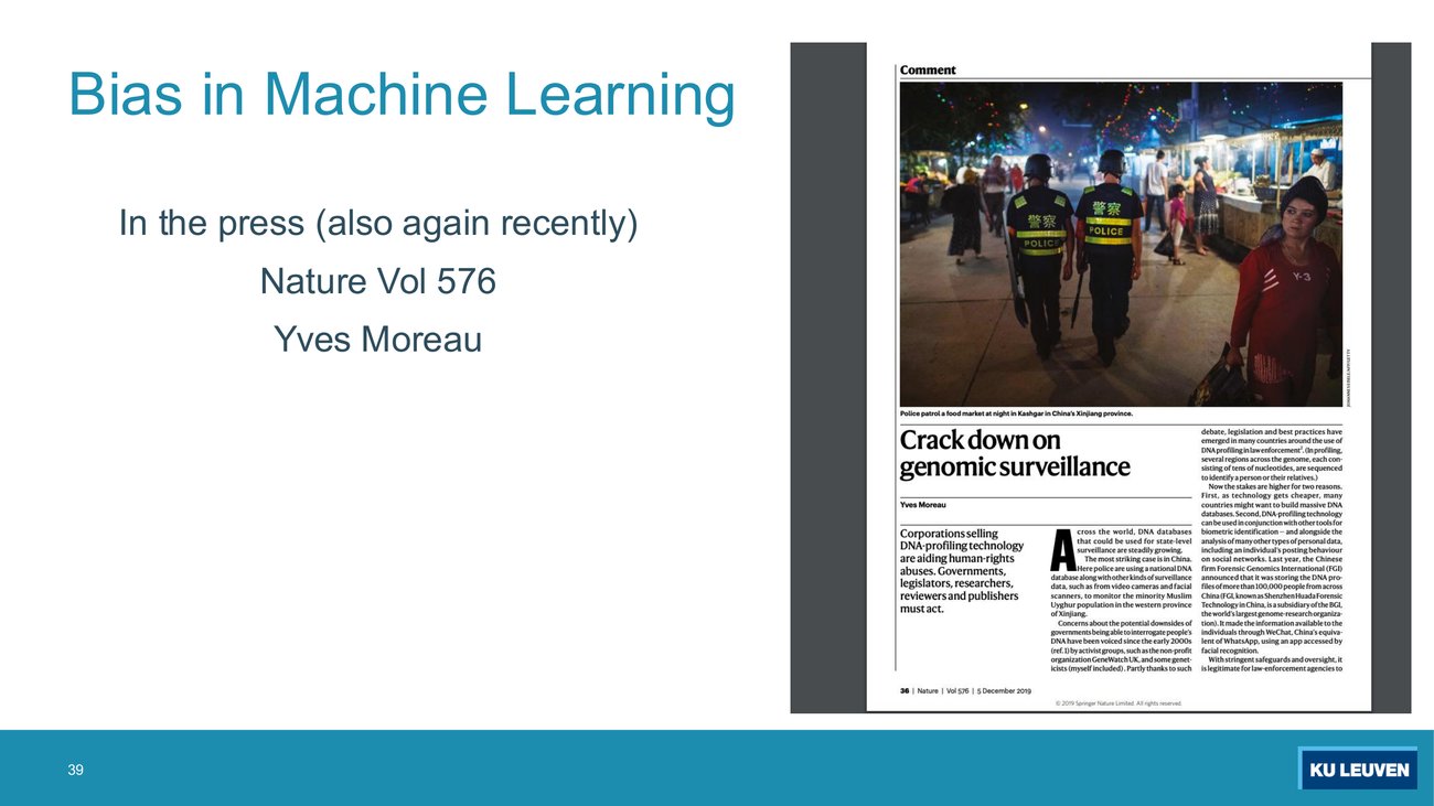 Slide showing a Nature comment piece headlined Crack down on genomic surveillance by Yves Moreau, Nature volume 576, with a photograph of police patrolling a market in Kashgar in Xinjiang