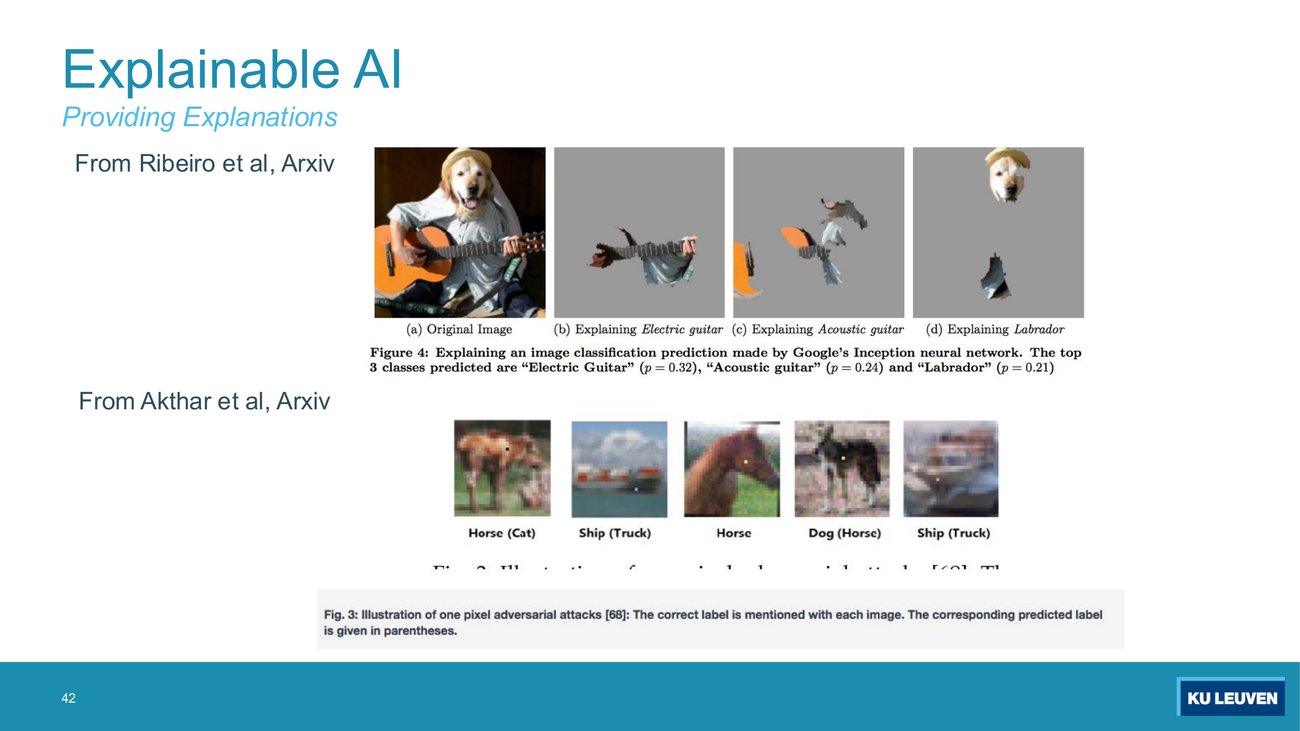 Slide with two figures: from Ribeiro et al, an image of a dog wearing a hat and holding a guitar with three masked explanations for electric guitar, acoustic guitar and Labrador; and from Akthar et al, five small images labelled Horse (Cat), Ship (Truck), Horse, Dog (Horse), Ship (Truck), illustrating one-pixel adversarial attacks