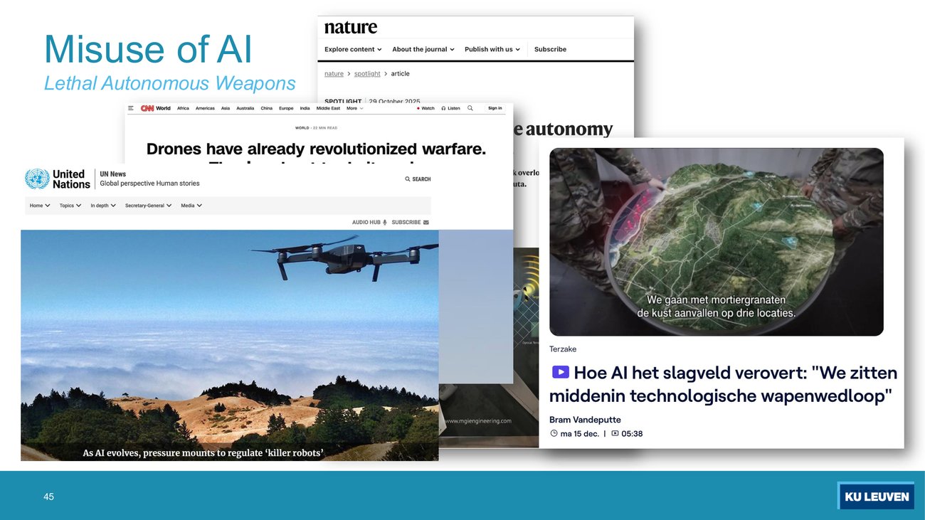 Slide made of overlapping recent news screenshots: United Nations news on pressure to regulate killer robots, CNN on drones revolutionising warfare, a Nature spotlight on autonomy dated 29 October 2025, and a Flemish television item on AI conquering the battlefield