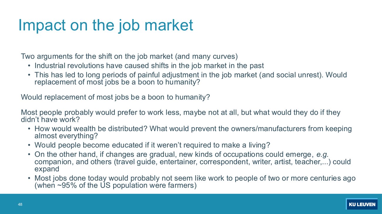 Text slide headed Impact on the job market, listing two arguments for the shift, repeating the question whether replacement of most jobs would be a boon to humanity, and giving four follow-up bullets on wealth distribution, education, new occupations and the historical comparison with farming